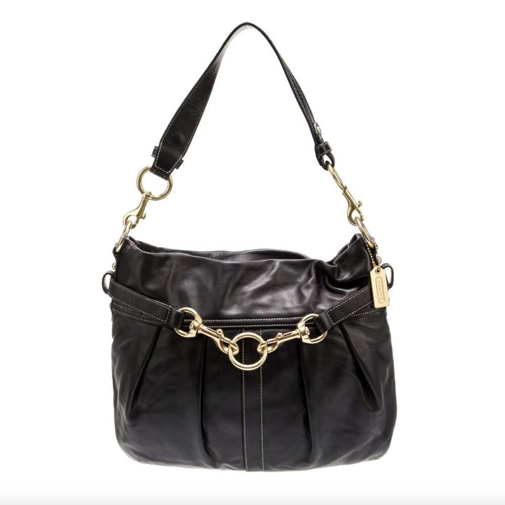 Authentic VintageCoach Hampton Pleated Belted Shoulder Bag black w/ gold accents